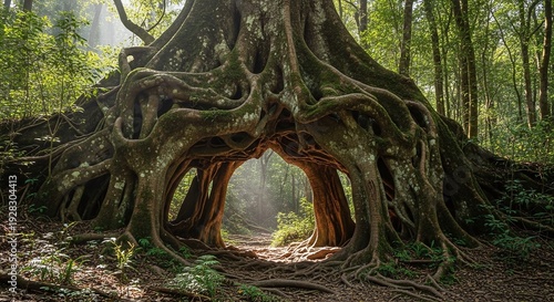 Sunlight streams through a natural archway formed by massive tree roots in a lush green forest.