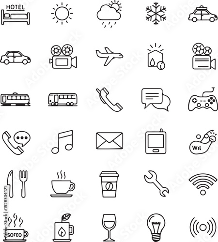 Web business and finance icon set with black vector symbols of technology, money, bank, calculator, laptop, phone, camera, and media elements
