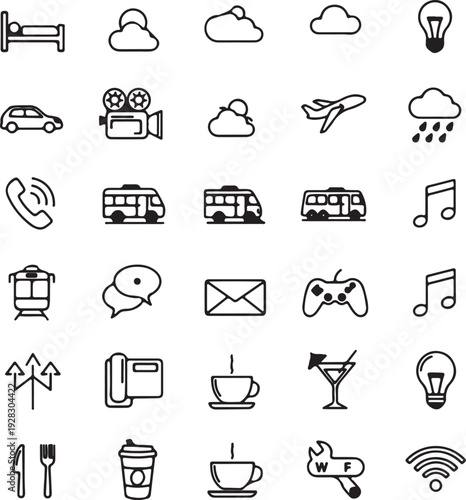 Web business and finance icon set with black vector symbols of technology, money, bank, calculator, laptop, phone, camera, and media elements