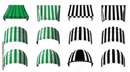 Collection of various striped awnings and canopies in green and black colors isolated on white background