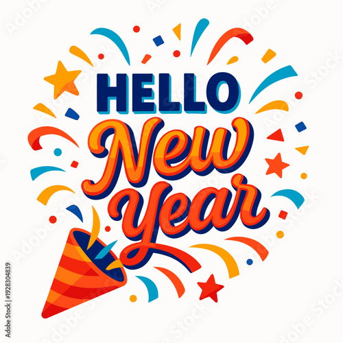Hello New Year bold lettering party popper confetti arcs and stars in festive colors