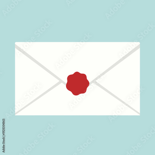 White Envelope with Red Wax Seal in Simple Flat Design on Light Blue Background for Stationery