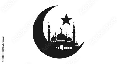 A striking black silhouette depicts a crescent moon star and mosque cityscape evoking islamic themes silhouette high quality