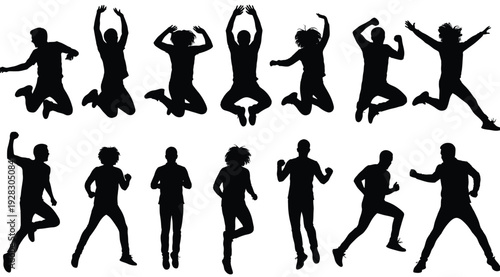 Collection of black silhouettes of people jumping and exercising isolated on white background in various dynamic poses and movements