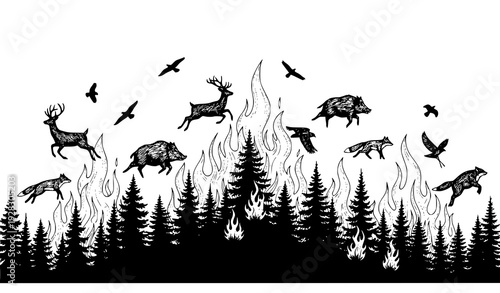 Forest Fire Vector Illustration Coniferous Trees Wild Animals Silhouettes Hand Drawn