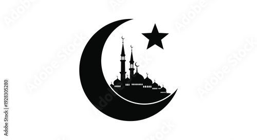 A striking black crescent moon and star design encompasses a mosque silhouette evoking islamic symbolism and faith