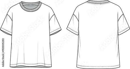 Oversized basic short sleeve tee shirt front and back view vector fashion technical sketch flat drawing illustration apparel clothing design
