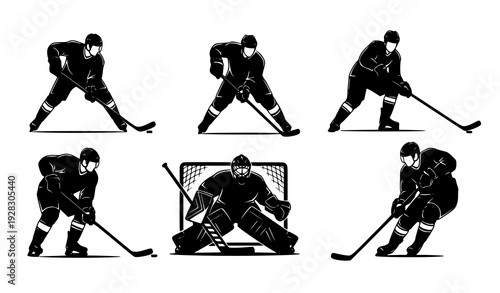 Winter sport ice hockey player silhouette set dynamic athlete poses vector illustration isolated on white background
