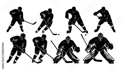 Ice hockey player silhouette vector set winter team sport athletes with goalie action poses isolated on white background