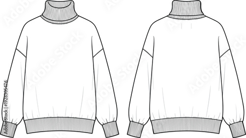 Oversized long sleeve turtleneck sweater technical fashion flat sketch vector illustration template front and back view blank CAD mockup design