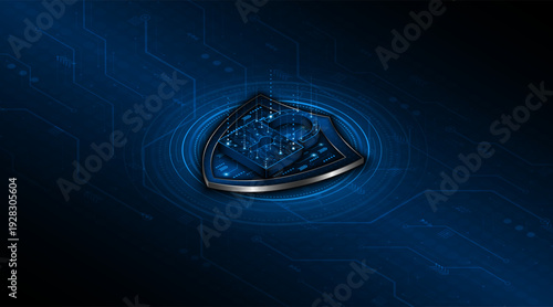 Cyber ​​security concept with shield symbol and lock. Data protection and cyber privacy. Innovative concept of advanced safety technology