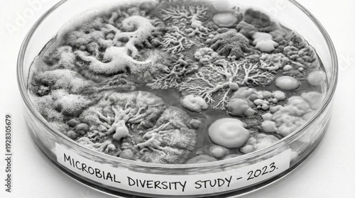 Petri dish labeled microbial diversity sample, filled with colonies of varied shapes, sizes, textures, and colors, showcasing rich bacterial and fungal population.