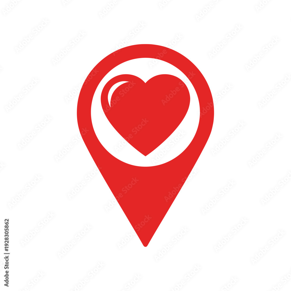 Fototapeta premium Heart Icon in Map Pin with Red Color on White Background for Social Media