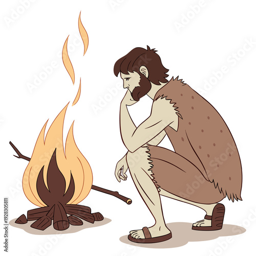 Stone age man sitting by campfire caveman flames