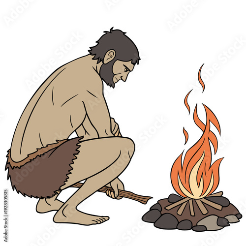 Stone age man sitting by campfire caveman primitive