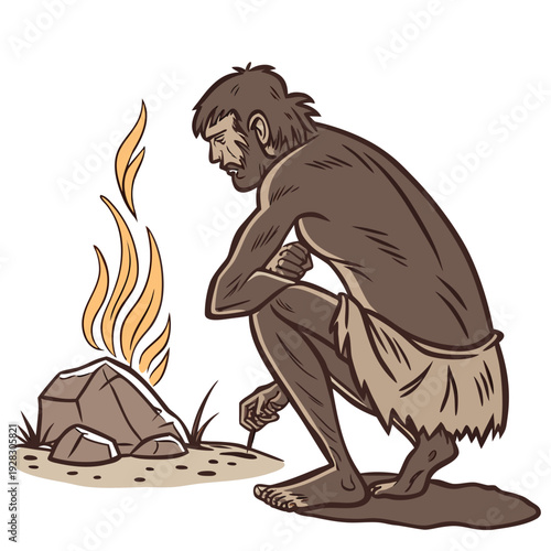 Stone age man sitting by fire caveman primitive ancient