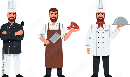 Vector Illustration of Professional Chefs with Different Poses and Kitchen Tools