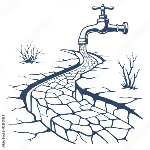 Faucet spout on cracked dry earth with grass water