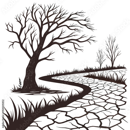 Ultra clean of a disappearing tree on cracked dry earth