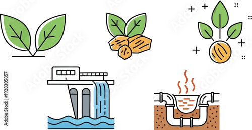 Illustrations of plant growth and hydroelectric power