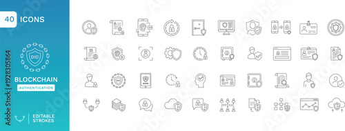 Blockchain Authentication & DID Line Icons Set – 40 Editable Stroke Outline Icons for Decentralized Identity, Digital Verification, Biometric Login, Secure Access and Web3 Security UI Design