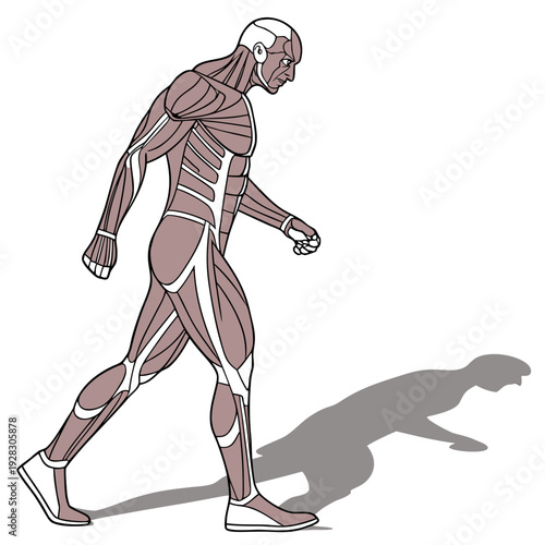 Male muscular system anatomy walking human body
