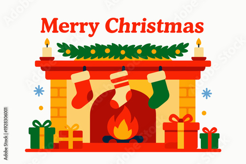 Merry Christmas fireplace scene, stockings and gifts under garland and candles