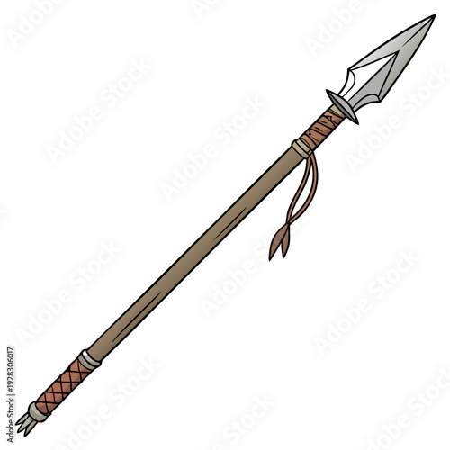 Prehistoric spear with brown wooden handle and metal point