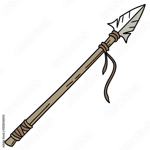 Brown spear with feather tied to wooden shaft primitive