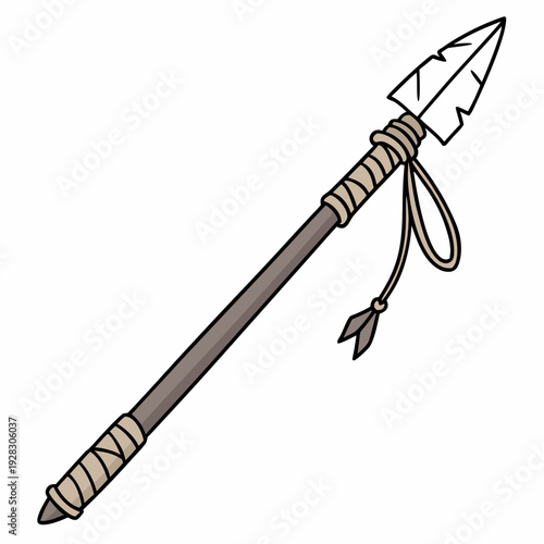 Of a primitive spear with stone tip and leather wrapping