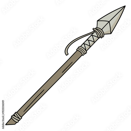 Brown spear with stone tip and rope wrapping primitive