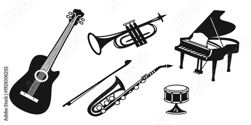 A variety of musical instruments including a guitar, trumpet, trombone, and piano. Vector