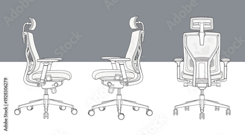 Detailed illustration of office chair in three different positions isolated on white background for design and furniture concepts