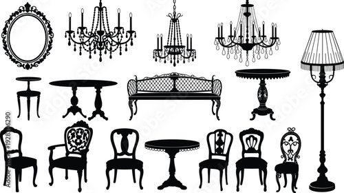 Black and white silhouettes of vintage furniture and decor including chandeliers, chairs, tables, and lamps