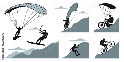 Extreme sports enthusiasts performing daring aerial stunts and jumps. Vector