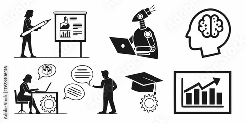 Illustrations of people, objects, and concepts related to learning and education Vector