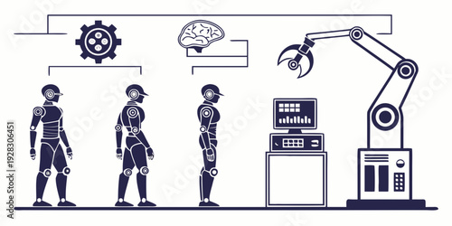 Collaboration between humans and robots in a modern industrial setting. Vector