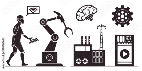 A futuristic scene depicting a human interacting with industrial robots and machinery. Vector