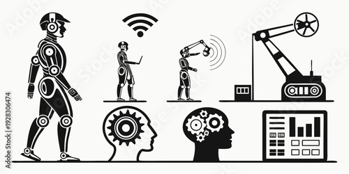 Illustration showcasing various aspects of technology and artificial intelligence. Vector