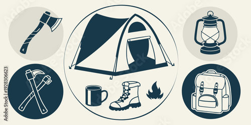 Illustration of camping activities with a tent, fire, and various outdoor equipment Vector