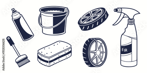 Assorted cleaning supplies arranged on a white background for household maintenance Vector