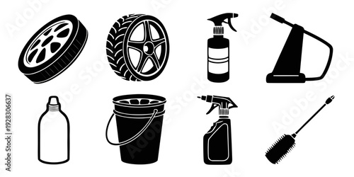Assorted cleaning tools and supplies for various household tasks Vector