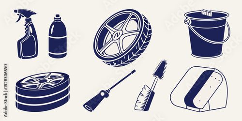 Assorted cleaning supplies including brushes, sponges, and a bucket. Vector