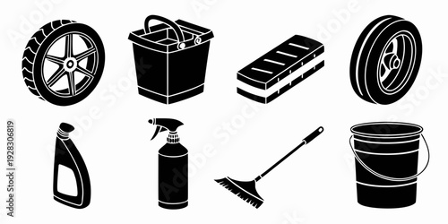 Assorted automotive maintenance tools and supplies for car care and upkeep. Vector