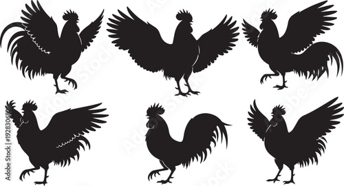 Six black silhouettes of roosters in various dynamic poses against a white background