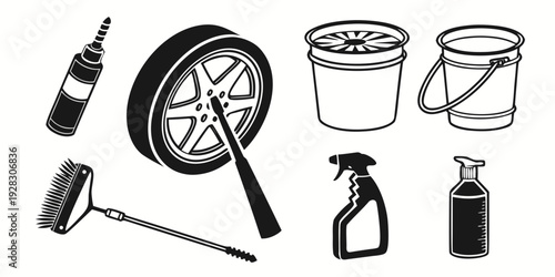 An assortment of bicycle maintenance tools and cleaning supplies Vector