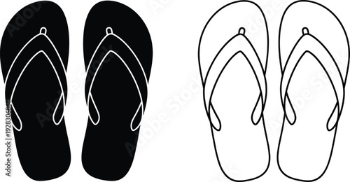 Flip flops silhouette and outline illustration, summer beach sandals vector set, black and white footwear icon isolated background