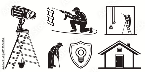 Illustrations of safety equipment, practices, and symbols for home and work environments Vector