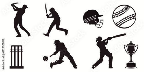 Illustrations of cricket players and equipment in black and white Vector