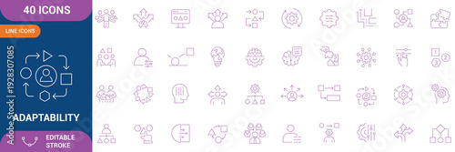Adaptability Icon Set. adaptability, flexibility, resilience, agility, change management, growth mindset, problem solving and etc. Editable stroke. Vector illustration